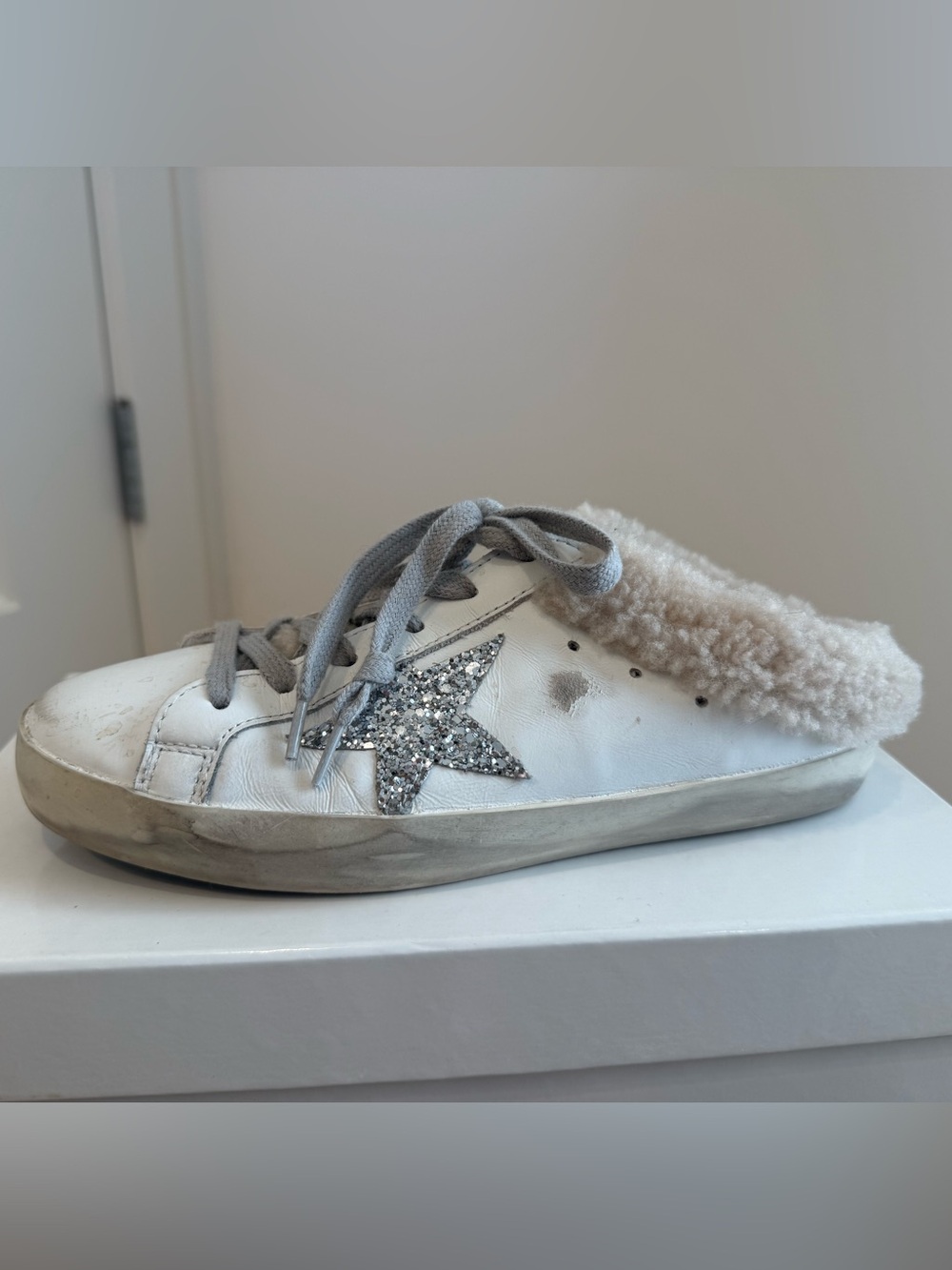 Golden Goose Shearling Super-Star Sneakers White Glitter Star EU 36